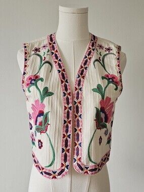 Embroidered S Cream Floral Sleeveless Vest cotton blend